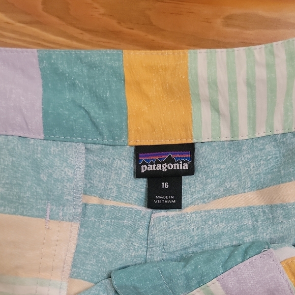 Patagonia Women's Striped Athletic Shorts - Orange, Blue, Green - Picture 2 of 6